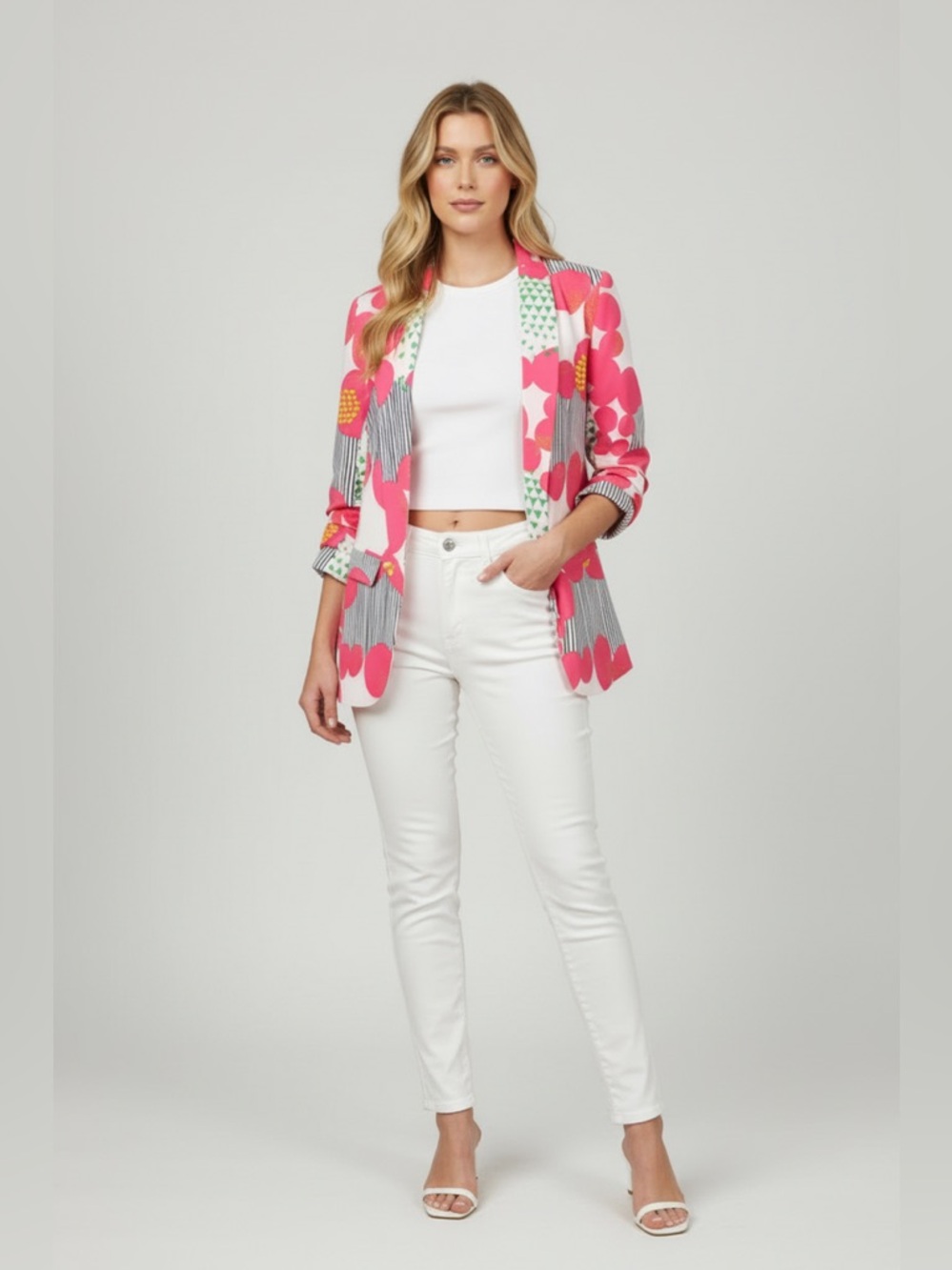 PIXEL BLOOM MULTI COLOR OPEN FRONT 3/4 SLEEVE BLAZER